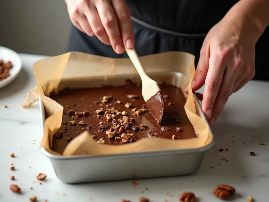 Smooth chocolate fudge being spread evenly in a lined square pan