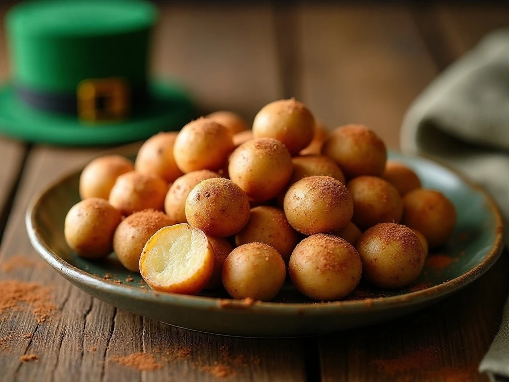 Small cinnamon-coated Irish potato candies arranged on a serving plate