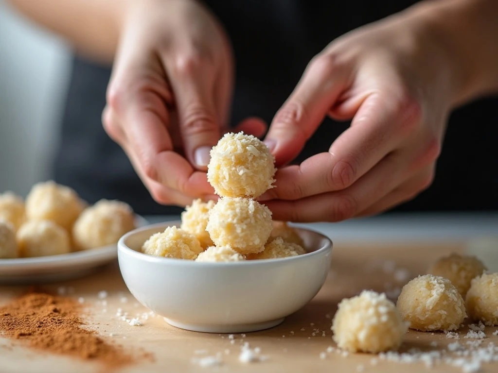 Rolling potato candy dough into balls before coating with cinnamon