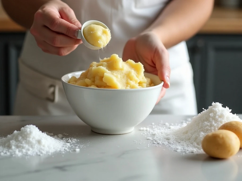 Smooth mashed potato and ingredients being prepared for candy dough