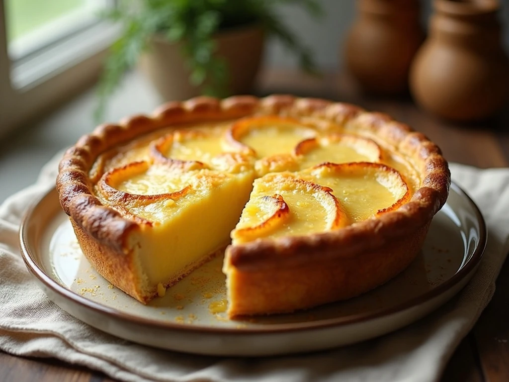 Golden Irish potato pie with a smooth custard filling