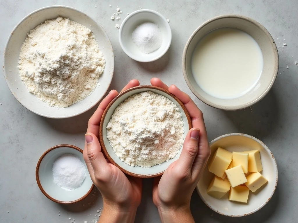 Ingredients for homemade Irish soda bread arranged on a work surface
