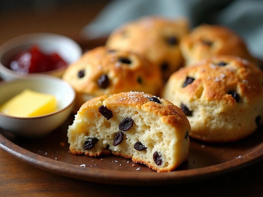 Golden Irish soda bread scones served with butter and jam