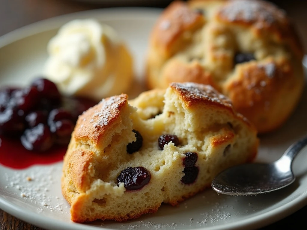 Close-up of a raisin and caraway Irish soda bread scone with toppings