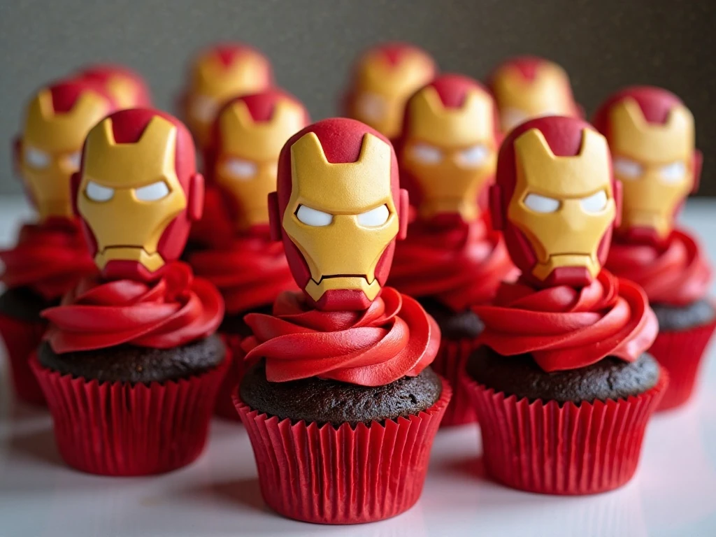 Iron Man cupcakes arranged for a Marvel birthday party