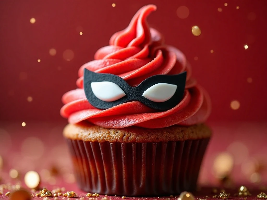 Close-up of a crisp Iron Man cupcake decoration