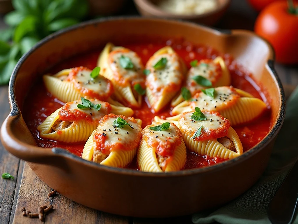 Baked stuffed shells with grilled chicken, marinara, and melted mozzarella