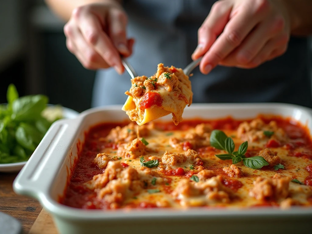 Filling jumbo pasta shells with grilled chicken and ricotta mixture