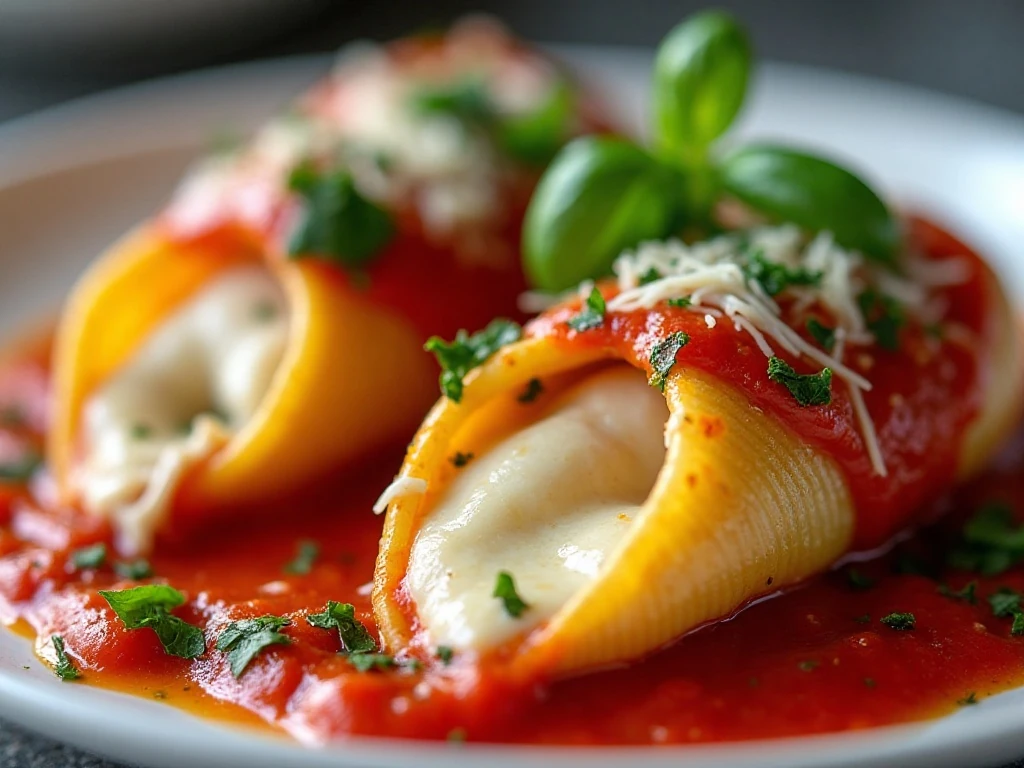 Close-up of cheesy grilled chicken stuffed shells garnished with fresh herbs