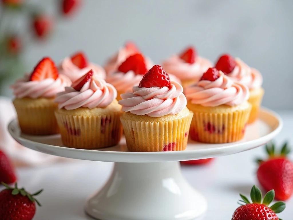 Strawberry cream cheese cupcakes arranged on a cake stand