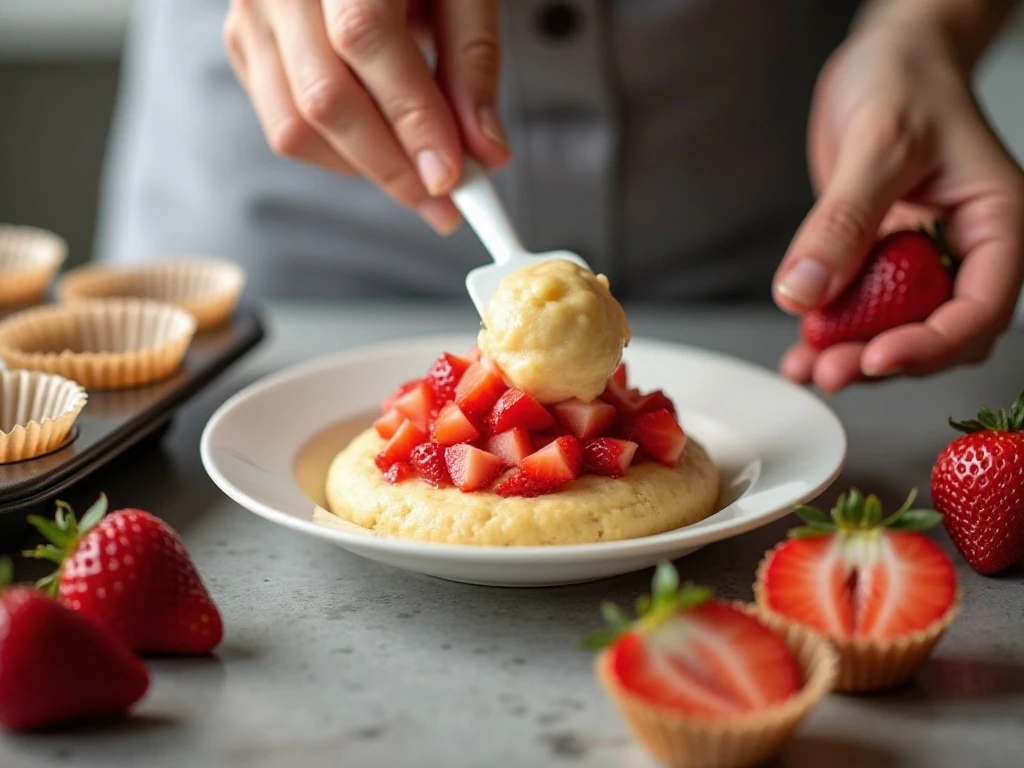 Folding chopped strawberries into cupcake batter
