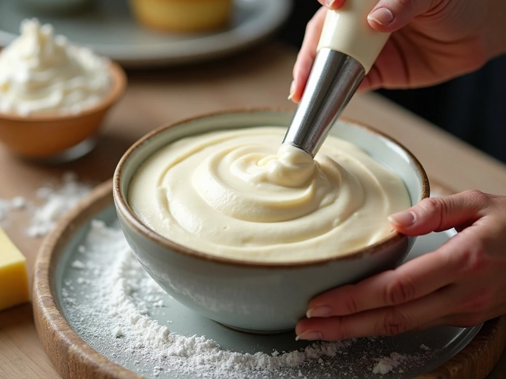 Smooth cream-cheese frosting prepared for piping