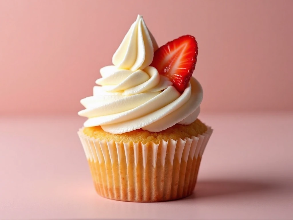 Close-up of a cupcake with strawberry garnish and cream-cheese frosting
