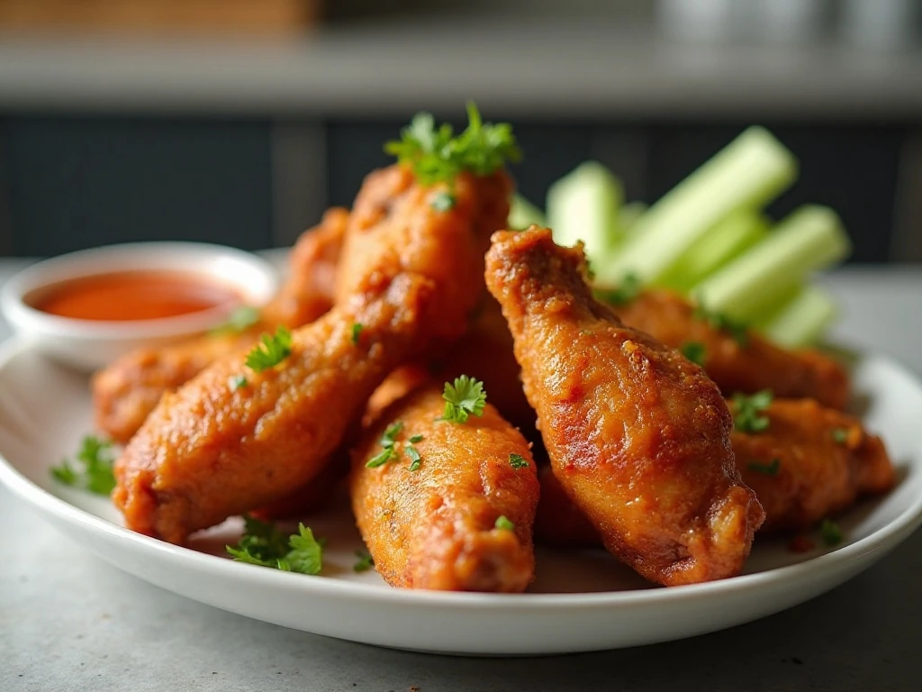 Crispy air fryer chicken wings served with Buffalo sauce