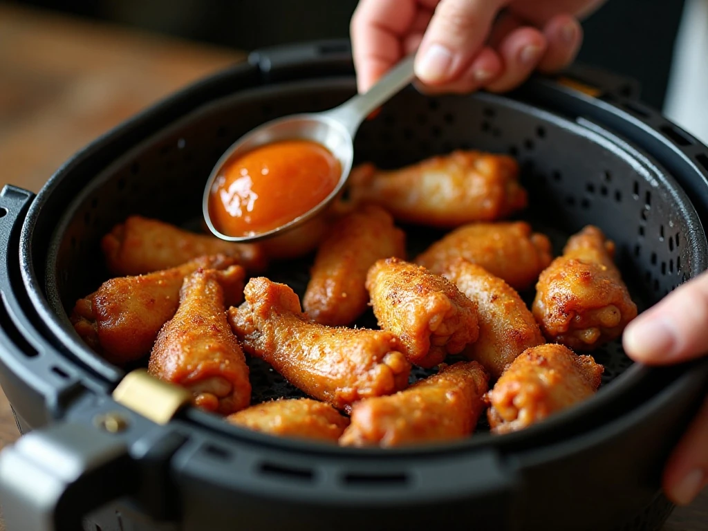 Chicken wings arranged in a single layer in an air fryer