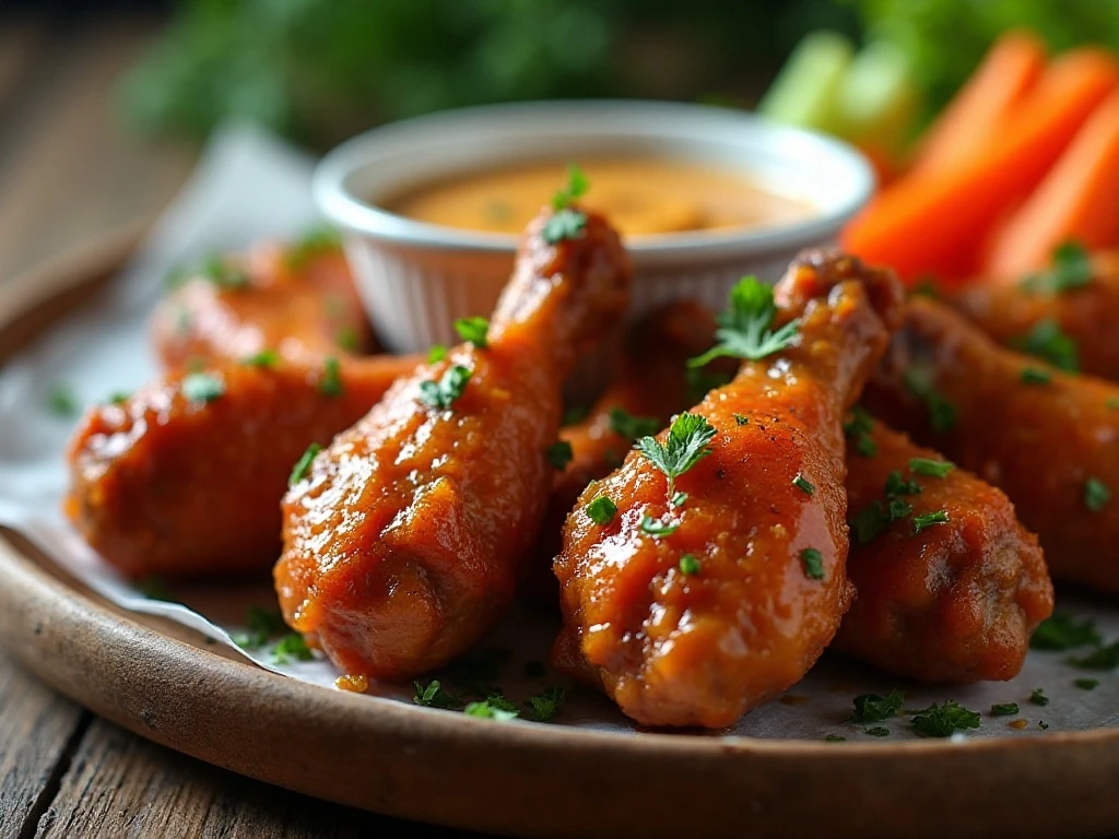 Sauced air fryer wings with dipping sauce and fresh vegetables