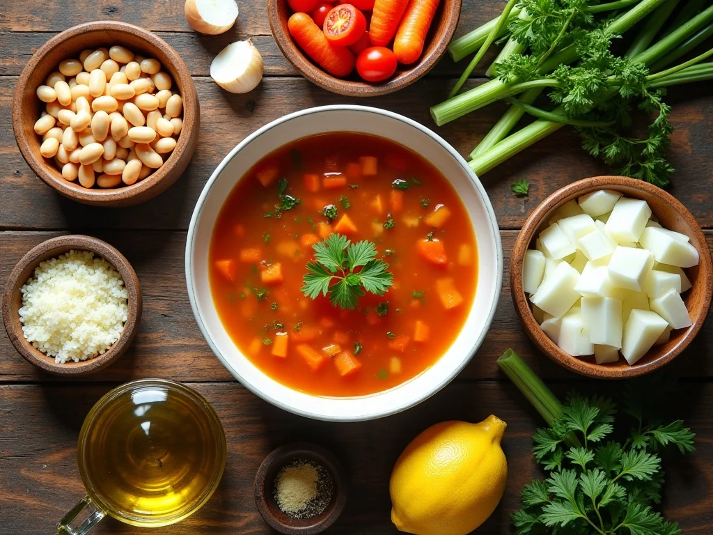 Ingredients for Italian white bean soup arranged on a counter