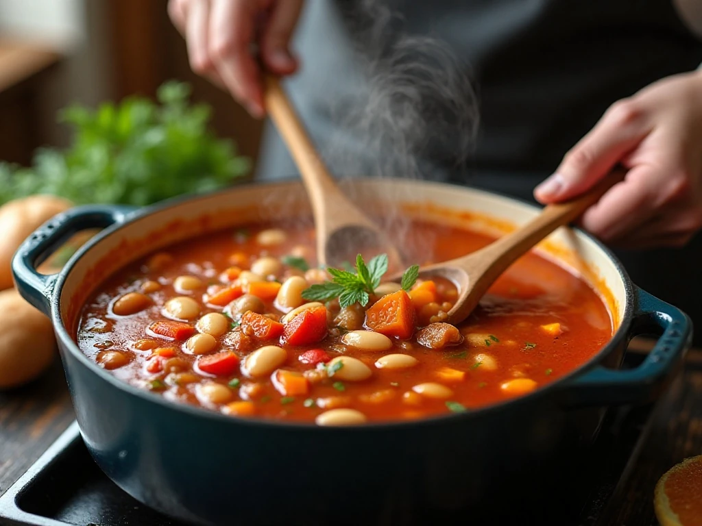 Italian bean soup simmering in a Dutch oven
