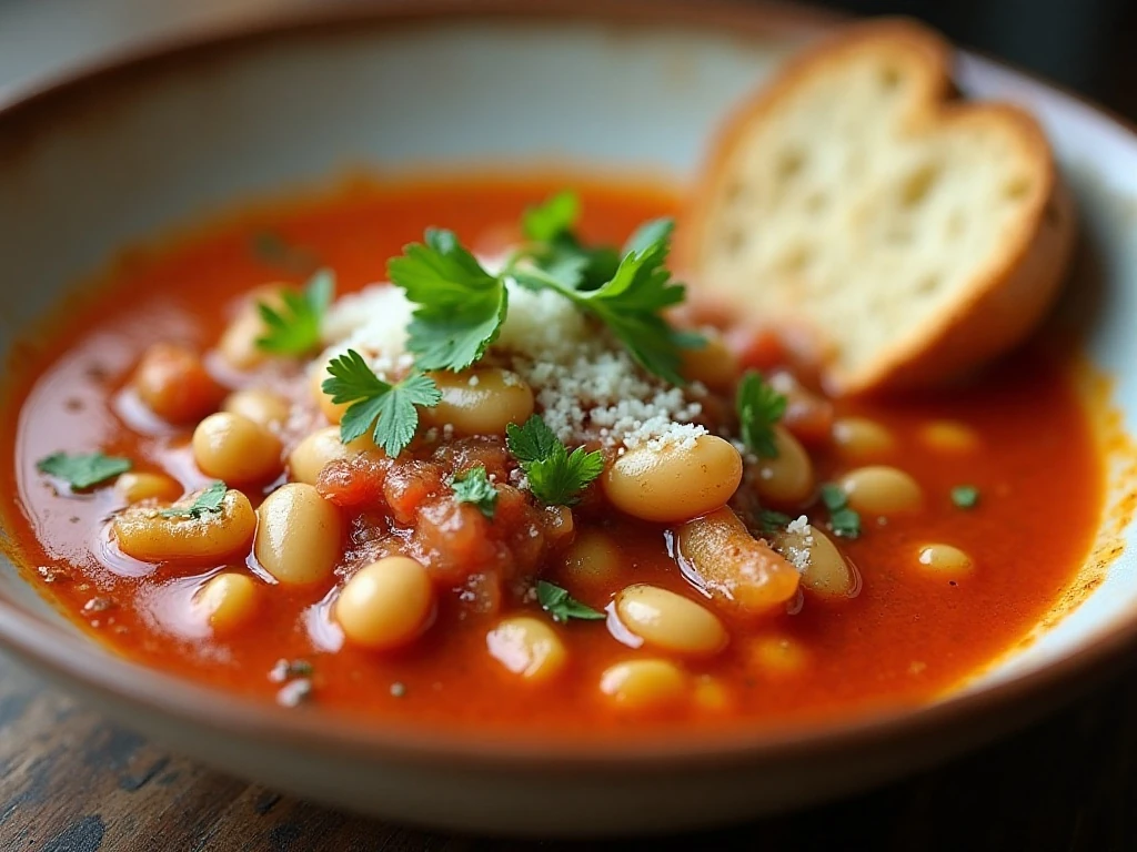 Italian bean soup garnished with Parmesan and parsley
