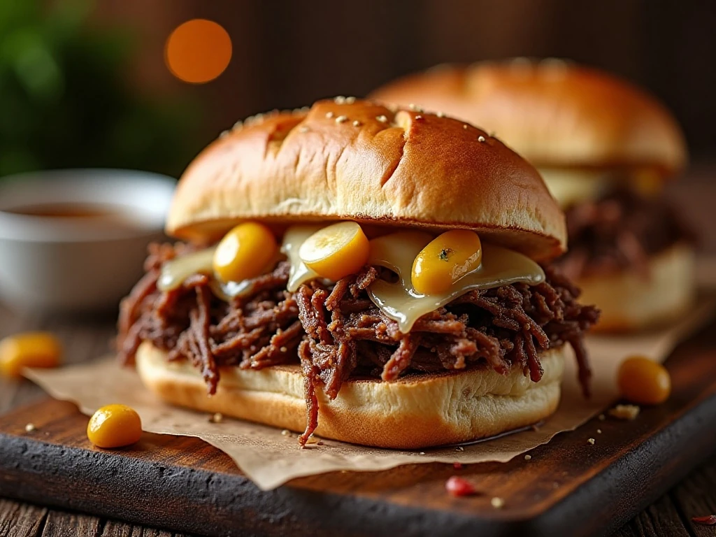 Juicy crockpot Italian beef sandwich with provolone and pepperoncini