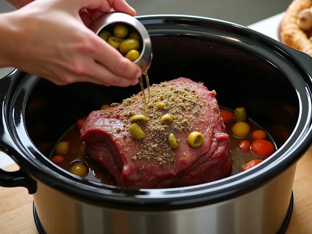 Seasoned chuck roast prepared in a slow cooker with pepperoncini
