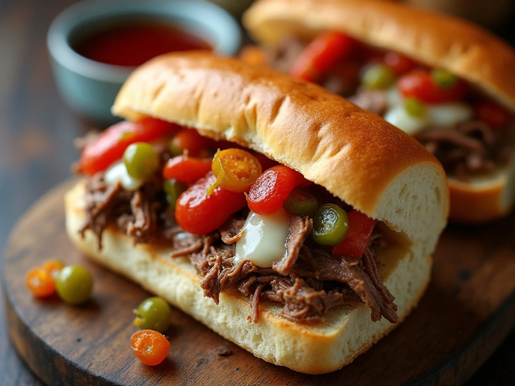 Italian beef sandwich topped with provolone and giardiniera