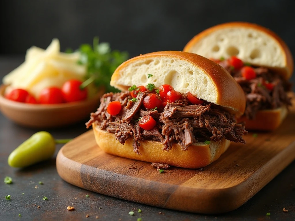 Leftover Italian beef stored in cooking juices with sandwich toppings