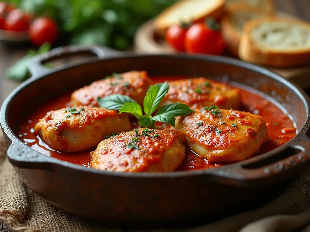 Italian braised chicken thighs in rich tomato sauce served with crusty bread
