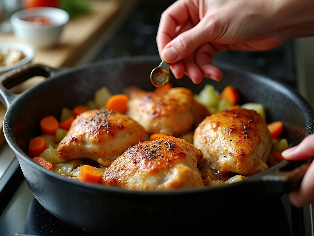 Chicken thighs browning in a Dutch oven for an Italian braise