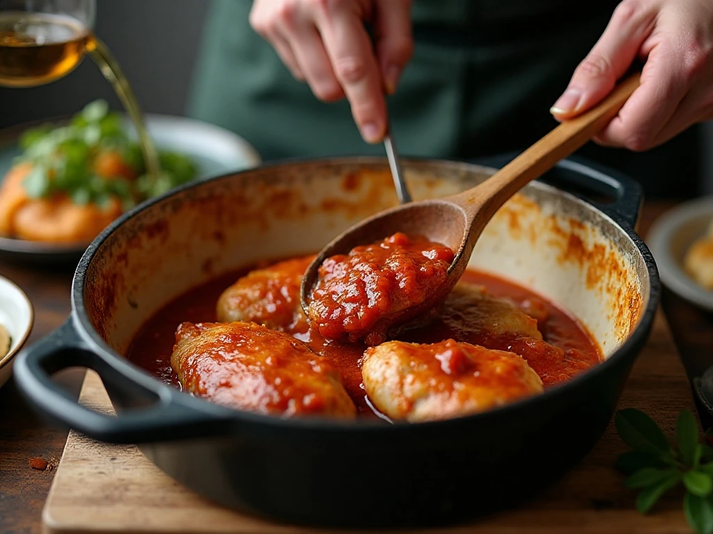 Deglazing a Dutch oven with white wine for braised chicken sauce