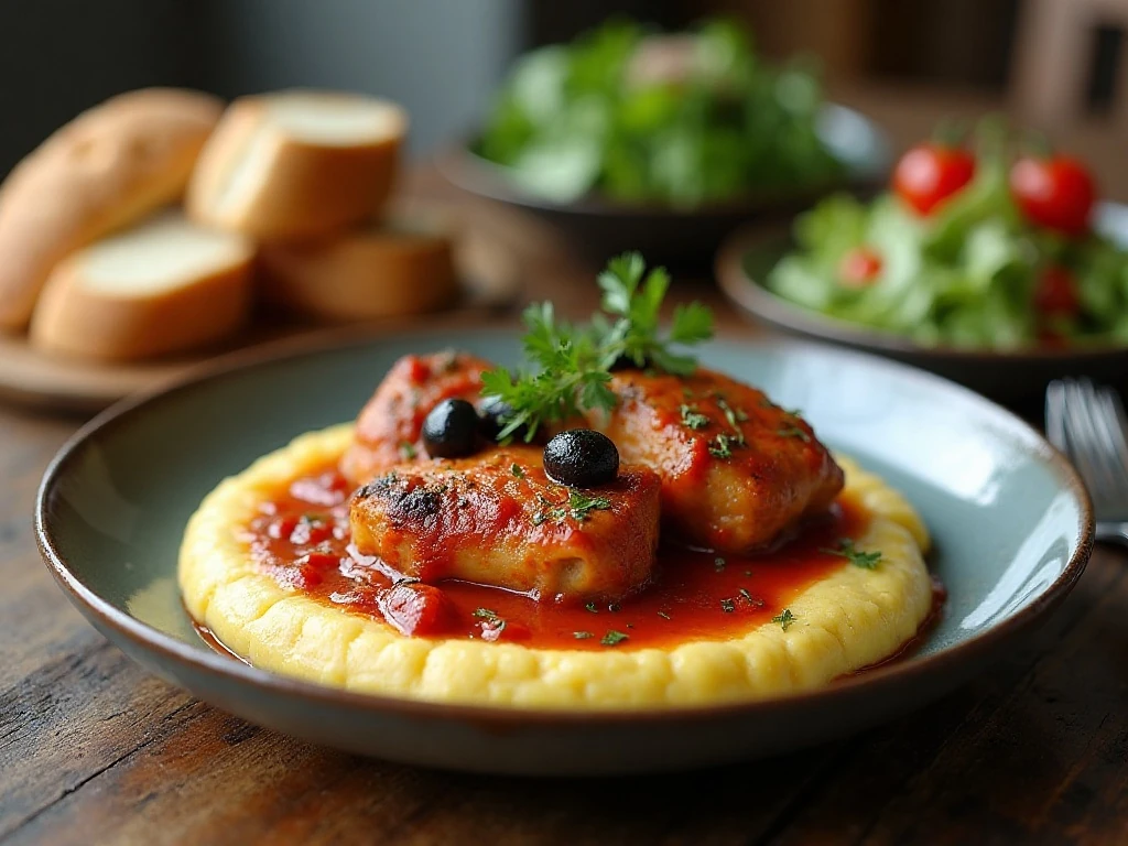 Italian braised chicken served with creamy polenta and salad
