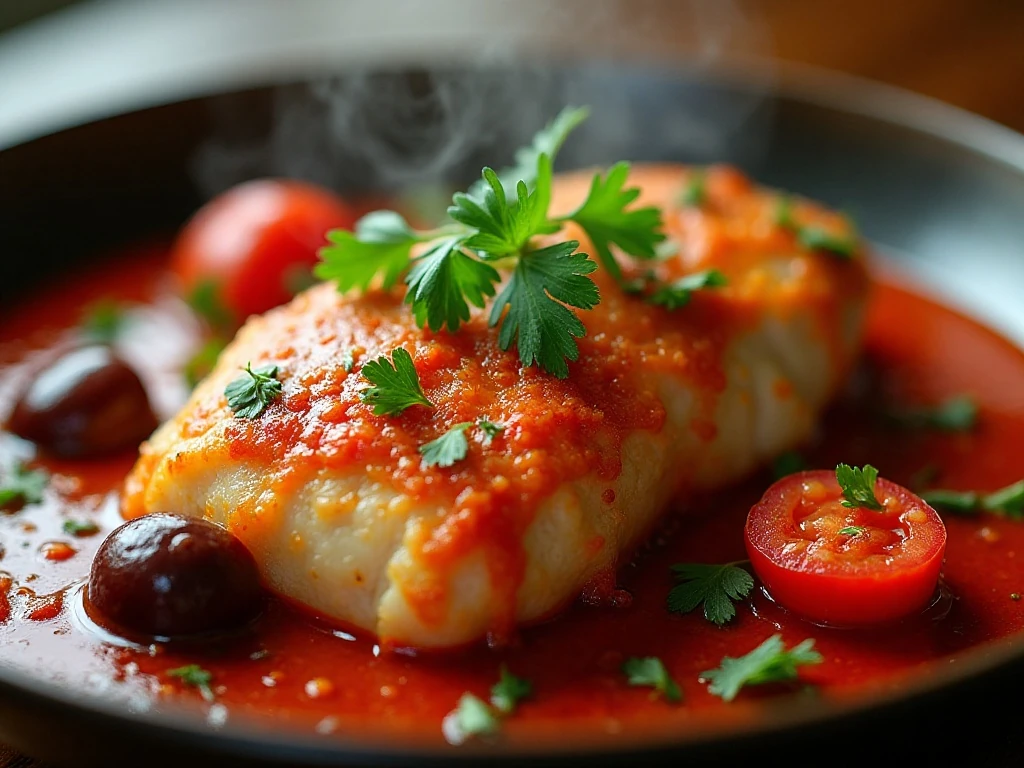 Close-up of tender Italian braised chicken with olives and parsley