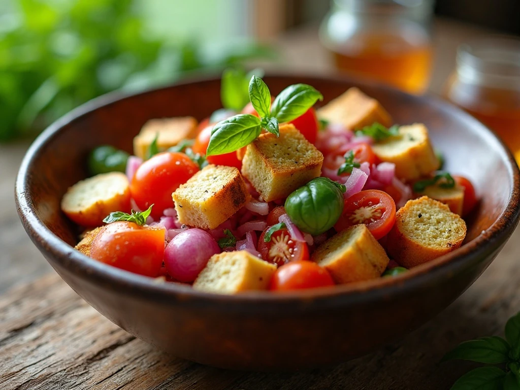 Classic Italian panzanella bread salad with tomatoes, cucumber, onion, and basil