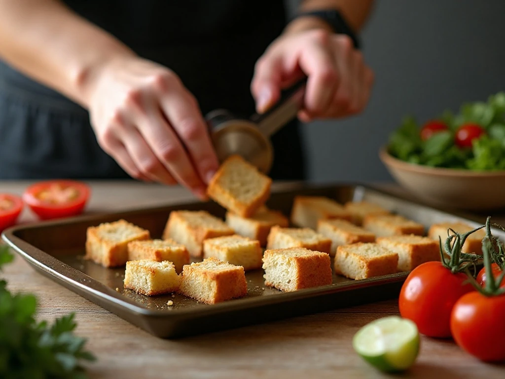 Bread cubes prepared for toasted panzanella