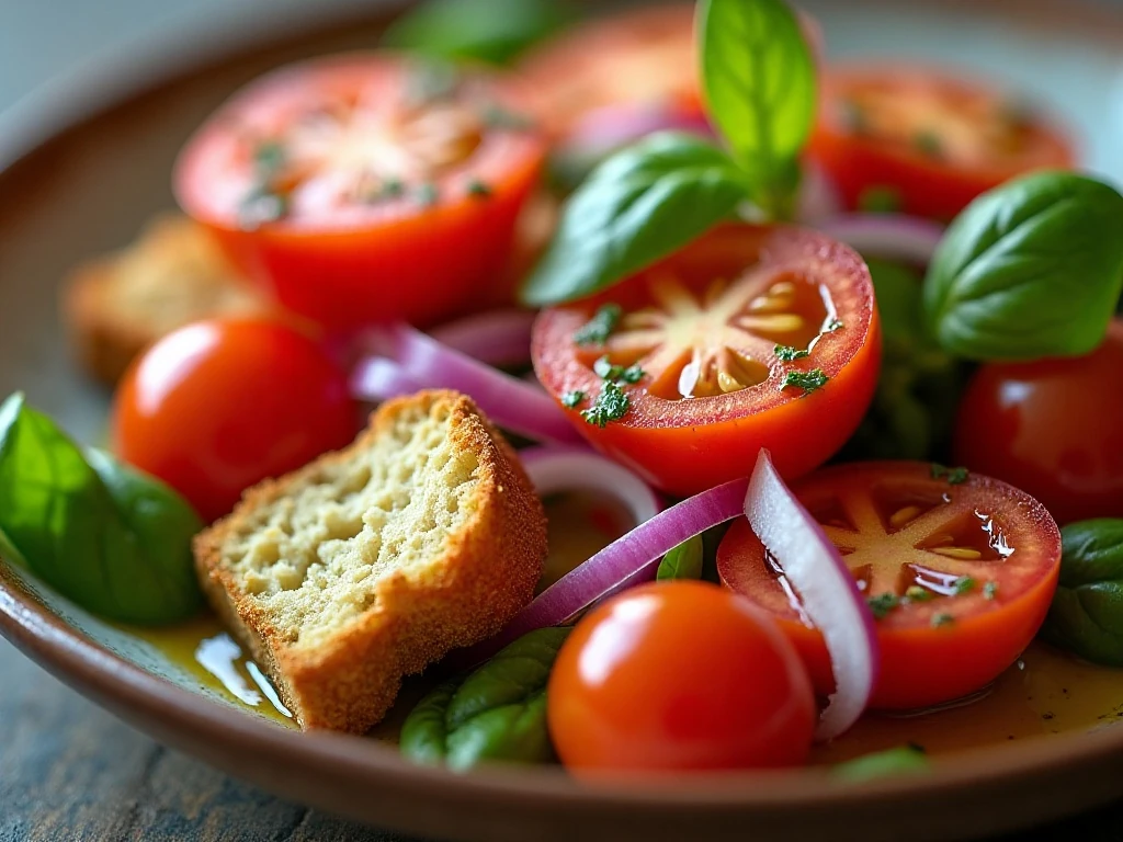 Close-up of juicy tomatoes and crisp bread in panzanella