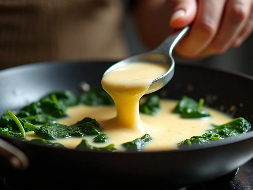 Creamy Parmesan sauce with spinach cooking in a skillet