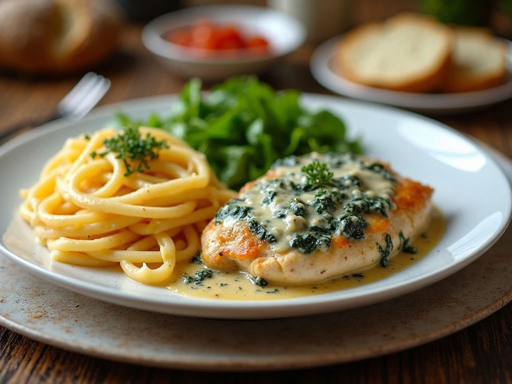 Italian chicken spinach dinner served with pasta and bread