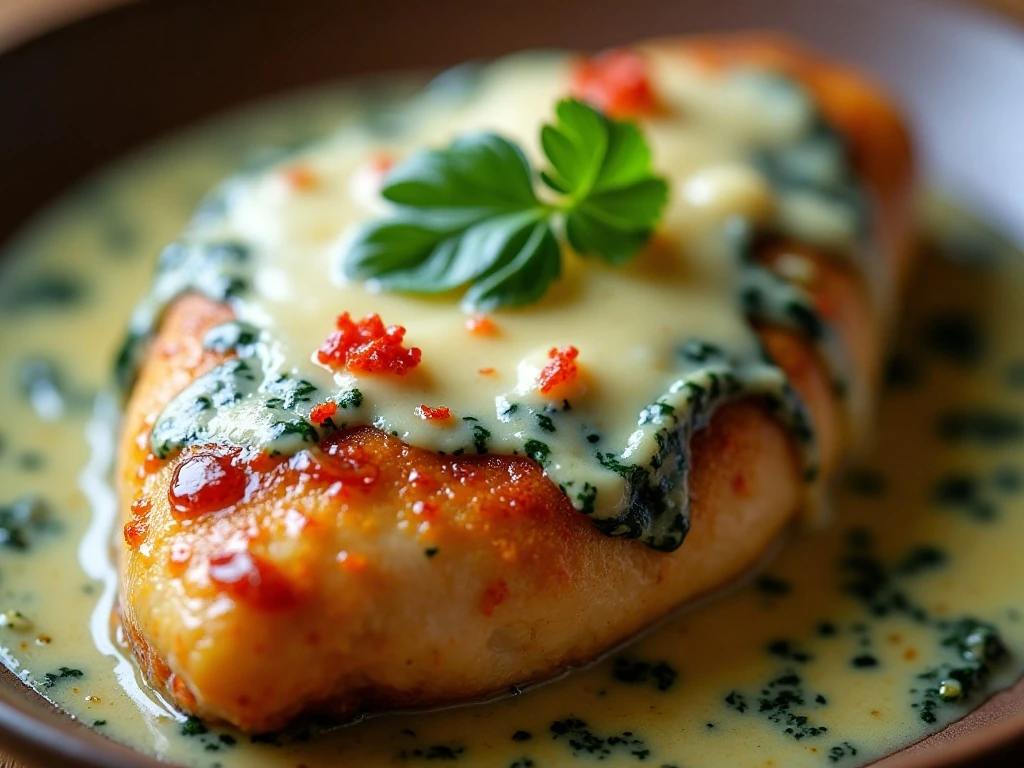 Close-up of creamy chicken spinach sauce with Parmesan and parsley