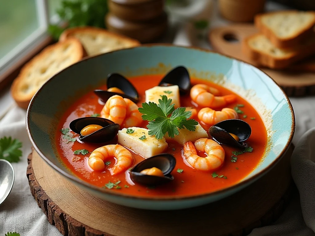 Bowl of comforting Italian fish soup with mixed seafood and toasted bread