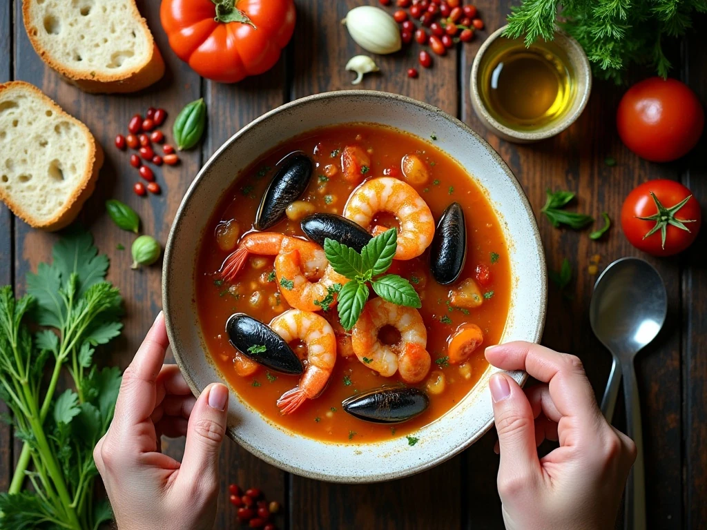 Fresh ingredients arranged for a tomato-based Italian fish soup