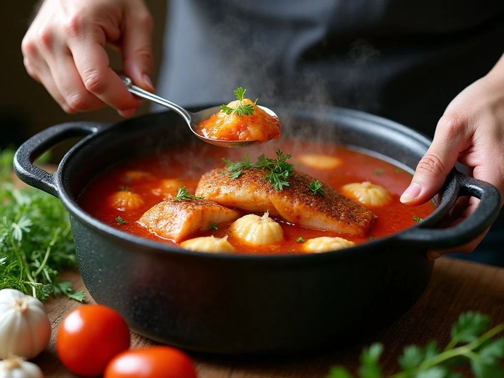 Seafood being added in stages to Italian fish soup