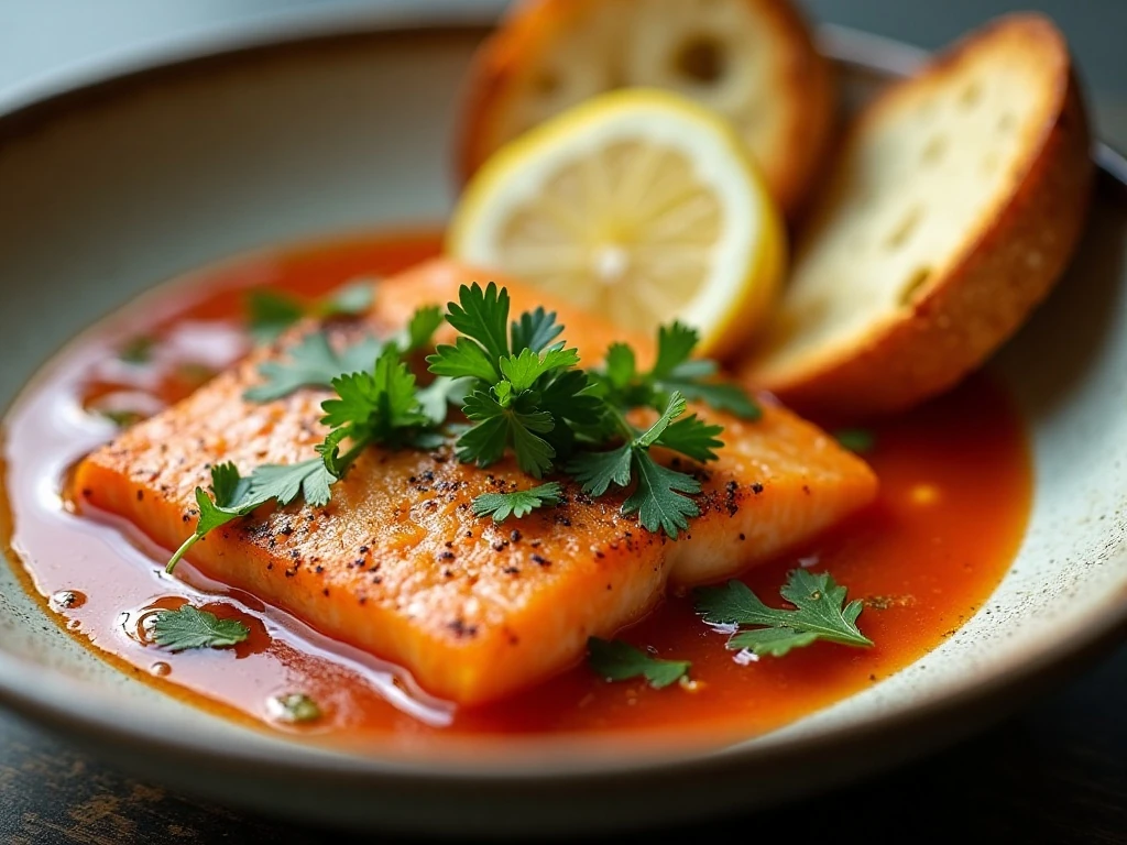 Italian fish soup garnished with parsley, olive oil, lemon, and toast