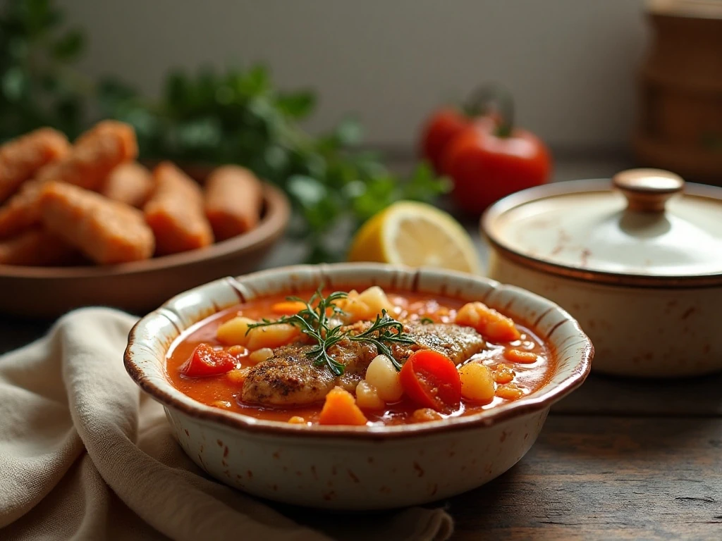 Italian fish soup served after gentle reheating