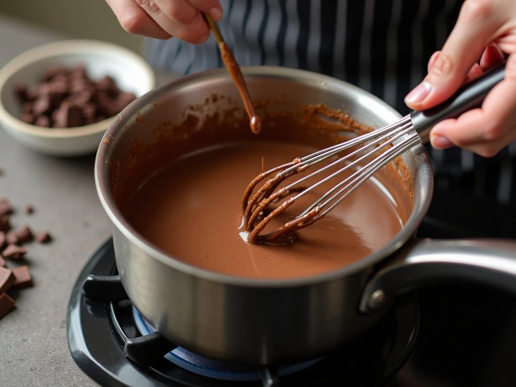 Whisking the milk and cocoa base for Italian hot chocolate