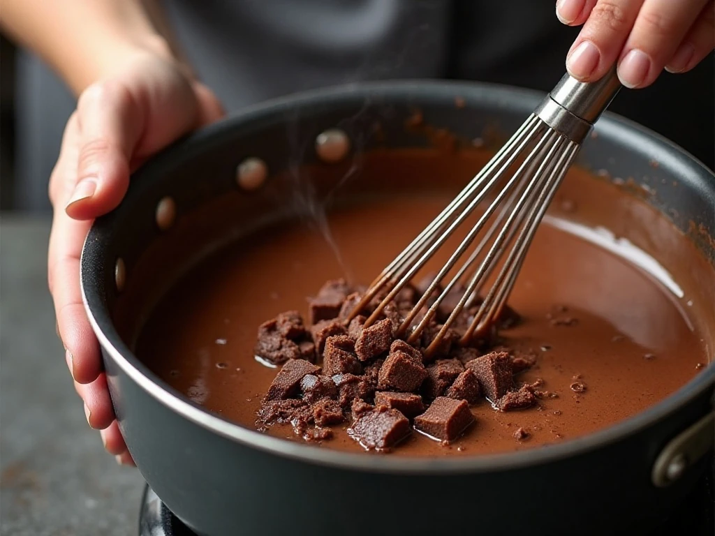 Dark chocolate melting into a thick hot chocolate base