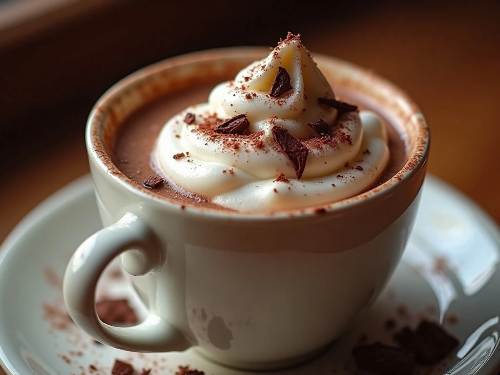 Whipped cream and chocolate shavings on Italian hot chocolate