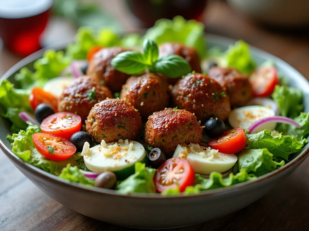 Italian meatball salad with warm meatballs and fresh vegetables