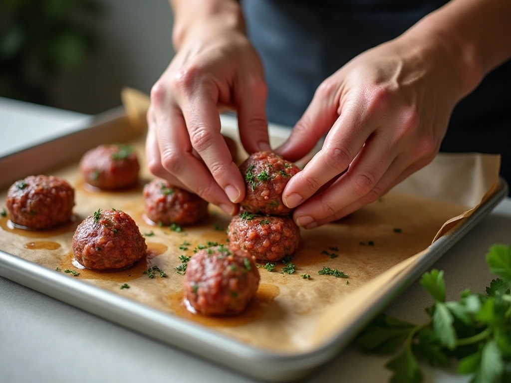 Shaping homemade Italian meatballs for the salad