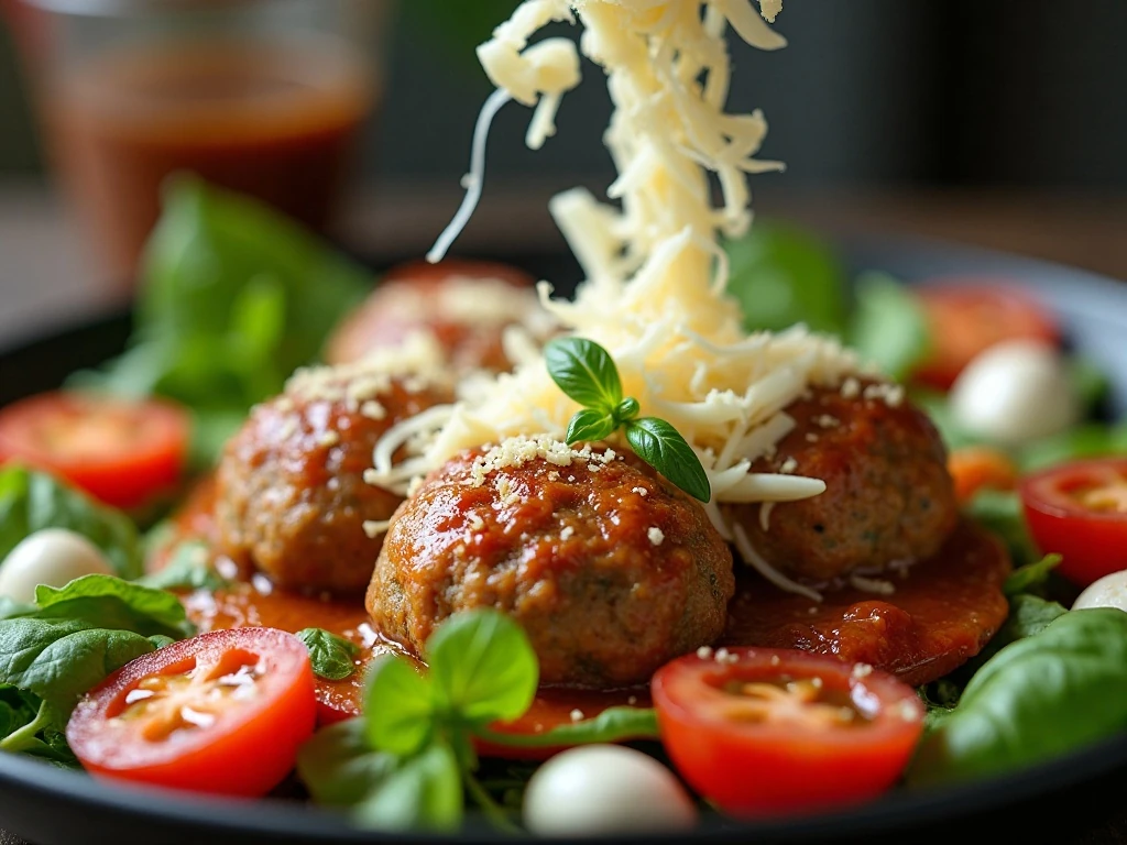 Italian meatball salad finished with Parmesan and fresh basil