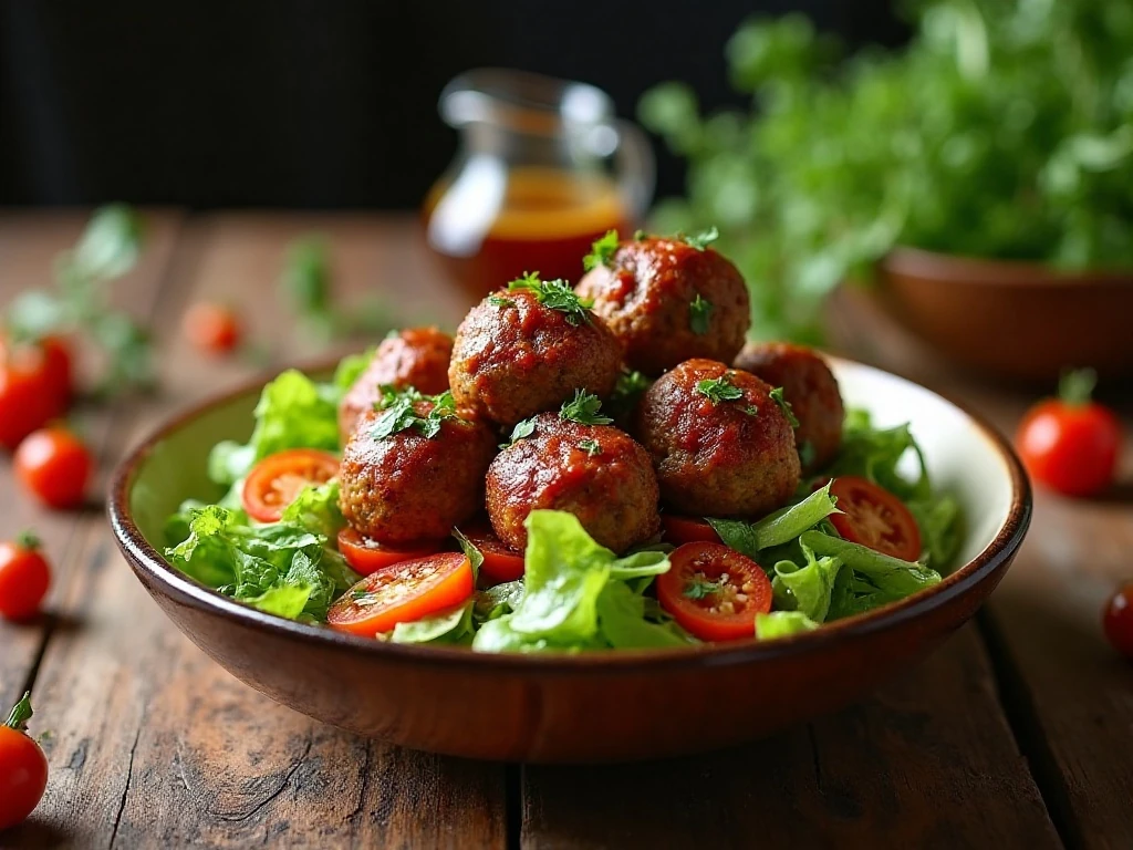 Finished Italian meatball salad served family-style